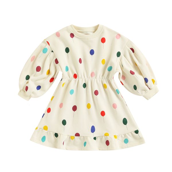 Vestidos de niña Vestido de manga larga para bebés infantiles con patrón de globo Decoración de volantes Cuello redondo Estilo casual Ropa de primavera 6M 3 T 221118