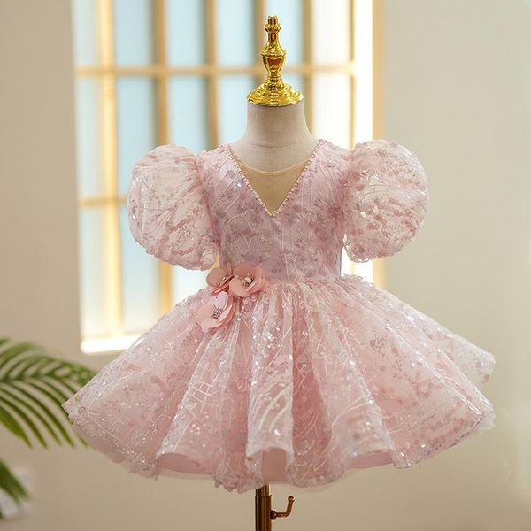 Vestidos de niña Vestido de bautizo infantil Cuello en V Lentejuelas para niños Vestido de niña Flor Princesa Tutu 1er cumpleaños Fiesta Bebé niña Dres