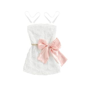 Robes de fille Infant Enfants Bébé Fille Fleur Modèle Robe Enfants Taille Haute Bow Décor Hors Épaule Enfant Sans Manches Princesse Robe 6M-5YGirl'