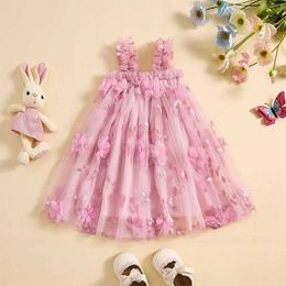 Meisjesjurken baby peuter babymeisje zomer mouwloze 3D bloem kanten jurk 1 -piece borduurwerk tule prinses sundress h240508
