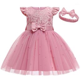 Meisje jurken ins 2022 kinderen kleding parel strik roze mesh kant baby meisje prinses jurk voor meisjes partij puffy stuur hoofdband