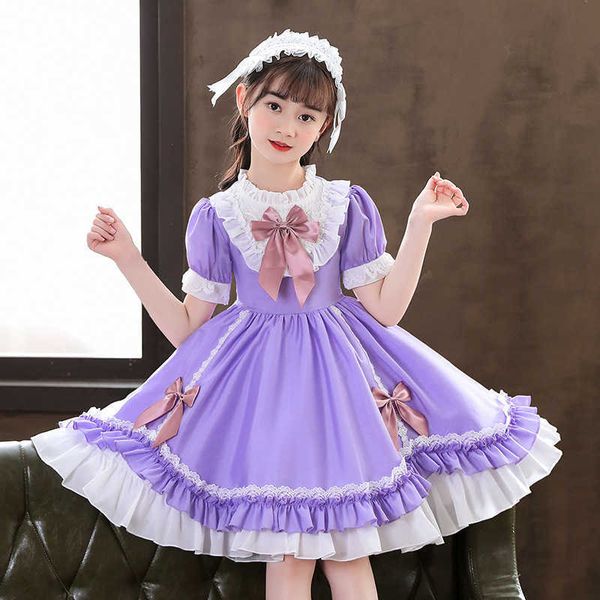 Vestidos de niña Japonés de manga corta lindo Lolita criada suave niña mujer uniforme azul encaje princesa vestido juego de rol traje G220523