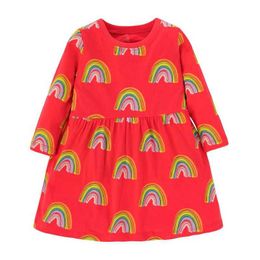 Girl's jurken springen meters prinses meisjes regenboogjurken voor herfst lente mode kinderen katoenen kleding o-neck peuter schattige frocksl2405