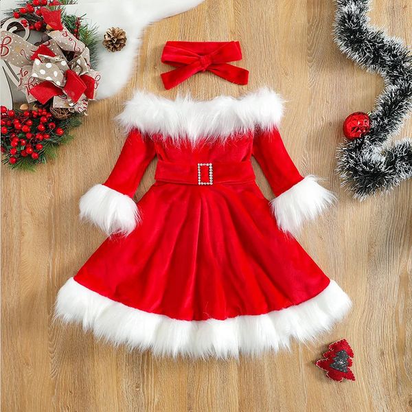 Vestidos de niña Kid Baby Girl Ropa de Navidad Conjunto de piel sintética Patchwork Manga larga Fuera del hombro Vestido de una línea con cinturón Arco Diadema 231214