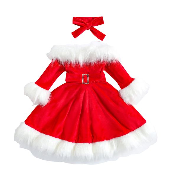 Vestidos de niña Kid Baby Girl Ropa de Navidad Conjunto de piel sintética Patchwork Manga larga Fuera del hombro Una línea Vestido con cinturón Arco Diadema 1 7T 221118