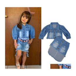 Girl's Dresses Kids 2pcs Outfit Kleding Set Girls Blue Puff Sleeve Open Front Denim Jas