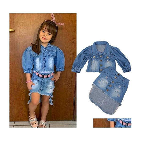 Robes De Fille Enfants 2Pcs Outfit Ensemble De Vêtements Filles Bleu Puff Sleeve Open Front Denim Jacket Ajouter Irregar Hem Jupe 16 Ans Printemps Aut Dhgnu