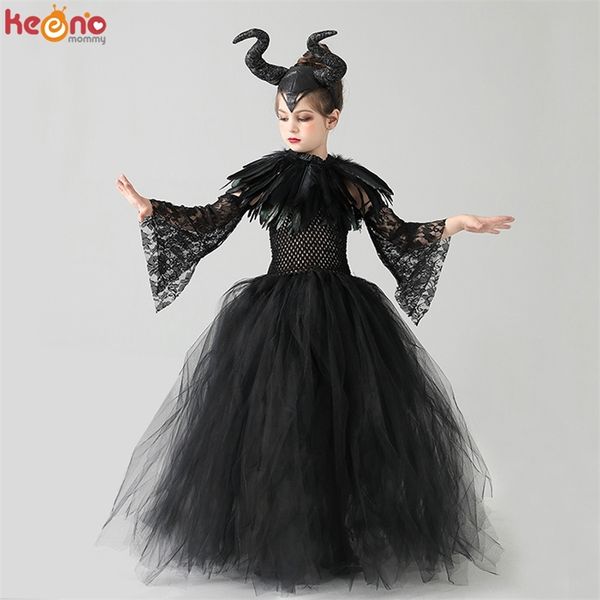 Vestidos de niña Niños Disfraz de tutú del diablo negro Gótico Halloween Niñas Vestido de tutú elegante con chal de plumas Villano Royal Dark Queen Vestido 220905