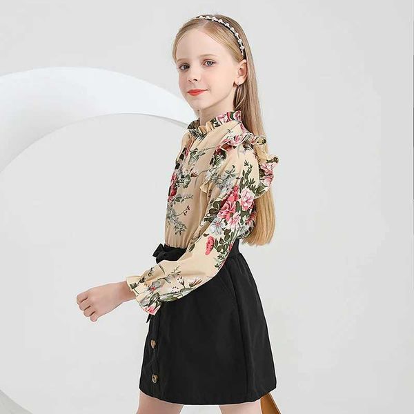 Robes de fille enfants vêtements décontractés ensembles tenues pour filles printemps automne nouvel enfant à manches longues imprimé floral hauts jupes de ceinture noire ensembles