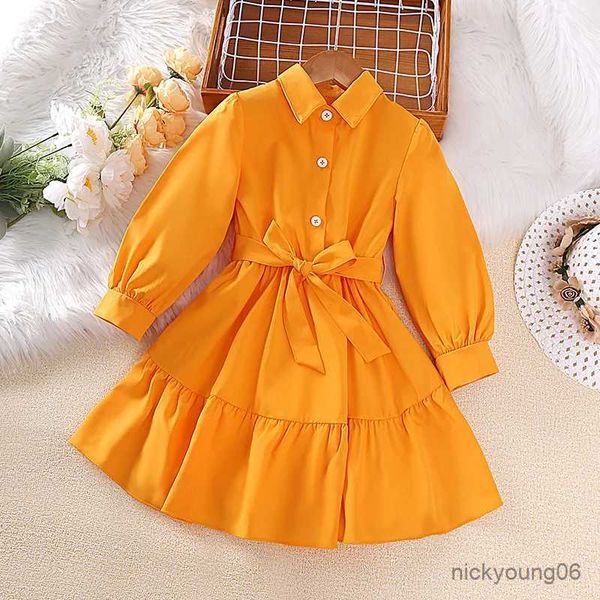 Robes de fille Enfants Robe décontractée pour les filles Vêtements 2023 Printemps Automne Nouveau Enfant en bas âge à manches longues Jaune Princesse Chemise Robe Mode Enfants 2-8Y