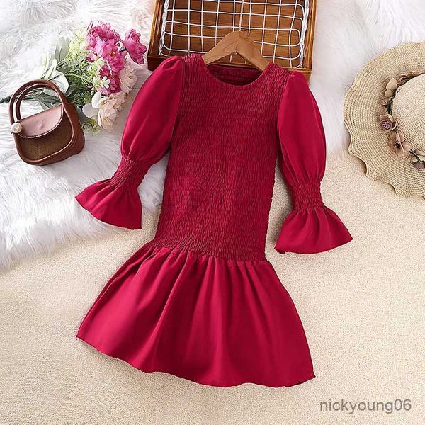 Robes de fille enfants robe décontractée pour les filles vêtements 2023 automne nouveau enfant en bas âge mignon à manches longues rouge princesse robe à volants mode enfants 2-8 ans