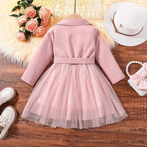 Robes de fille Kids Kid Casual Robe for Girls Vêtements 2023 AUTOMNE NOUVEAU TODDLER LONG LONG MESH PRACKED PRICKED PRINCESS Robe Belt Fashion Enfants 2-8Y