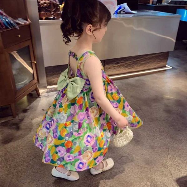 Vestidos de niña Ropa para niños Pintura al óleo Vestido de viento dulce Falda de princesa Floral Floral Back Back Dress Vestido de niña para 3-7y