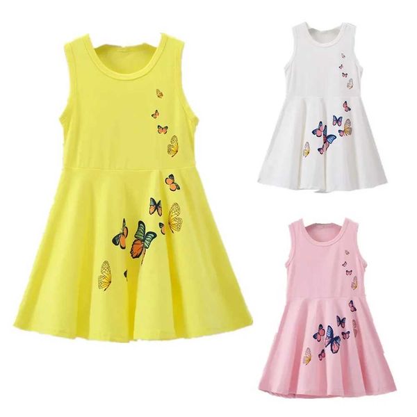 Robes de fille robes enfants pour les filles d'été en coton massif jaune robe sans manches