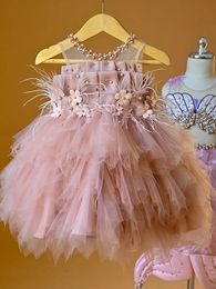 Meisjesjurken Kinderen Meisjes Kralen Feestjurk voor kinderen Veren Ruches Prinsessenkostuum Stofroze Avondvestido Bloemen Handgemaakt Slijtage 231211