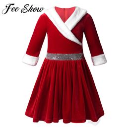 Meisjesjurken Kids Girls Kerstmis Kinderen Kerstfeestje lange mouw fluweel figuur schaatsen roller baton twirling 221101