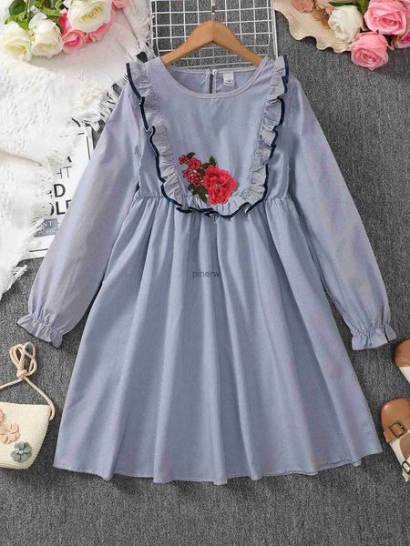 Robes de fille Enfants Filles Robe Brodée Fleur Robe À Manches Longues Mode Académique Printemps Et Automne Vêtements Pour Enfants Filles 5-13 ans