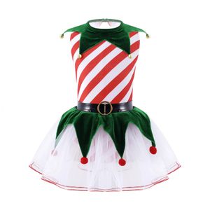 Girl's jurken Kids Girls Elf Kerstmis kostuum Xmas Jaar Carnaval Party Dance Performance Mouwloze strepen Mesh Tutu -jurk met klokken 231204