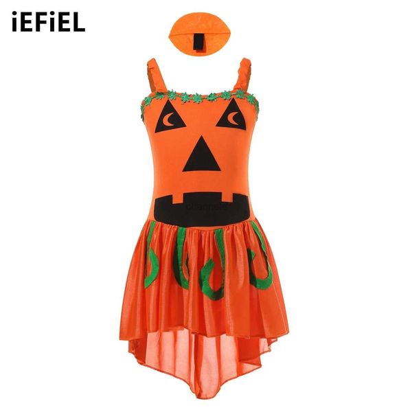 Vestidos de niña Disfraz de Halloween para niñas, vestido de calabaza con estampado de fantasma y boceto sin mangas de bruja de calabaza con disfraz de tocado 240315