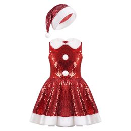 Vestidos de niña Niños Niñas Lentejuelas Vestido de cosplay de Navidad para el rendimiento de la etapa con sombrero de Santa Fiesta de disfraces de Navidad Trajes de año 231019