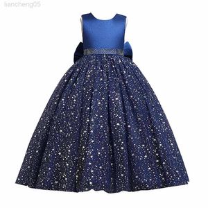 Girl's jurken Kids Girls Stars Dots Parken Party Princess Dress Teenager Ball Gown Bow Lace Evening Weddings Prom Come 3 ~ 12Years Kleding W0224