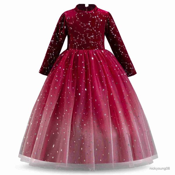 Robes de Fille Enfants Paillettes Princesse Robes de Soirée pour Les Filles 4-10 Ans Élégante Soirée Formelle Longue Robe Noël Nouvel An Robe Rouge à Manches Longues