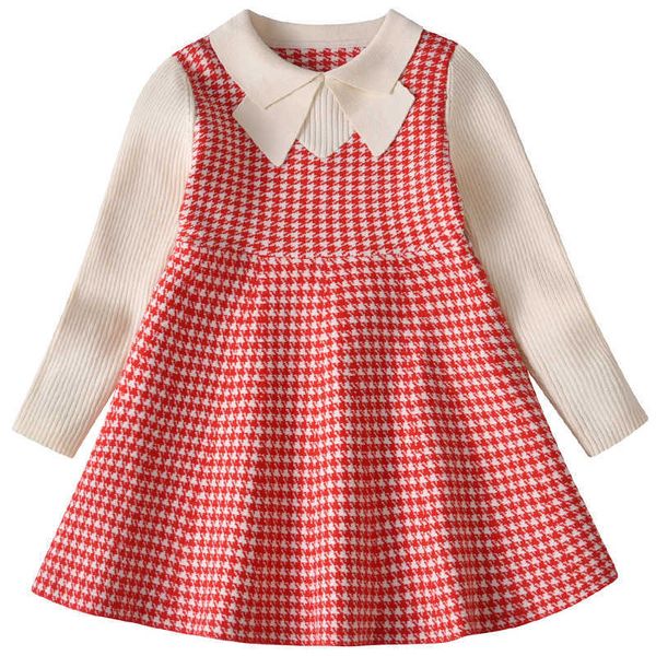 Vestidos de niña tejido de lana vestido de empalme de manga larga primavera y otoño nueva niña bebé estilo marino tejido