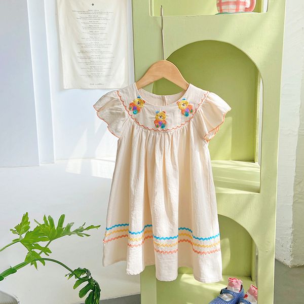 Robes de fille Coréen enfants arc-en-ciel ours brodé robe de filles 2023 manches volantes d'été jupe en coton de couleur contrastée pour petit 231103