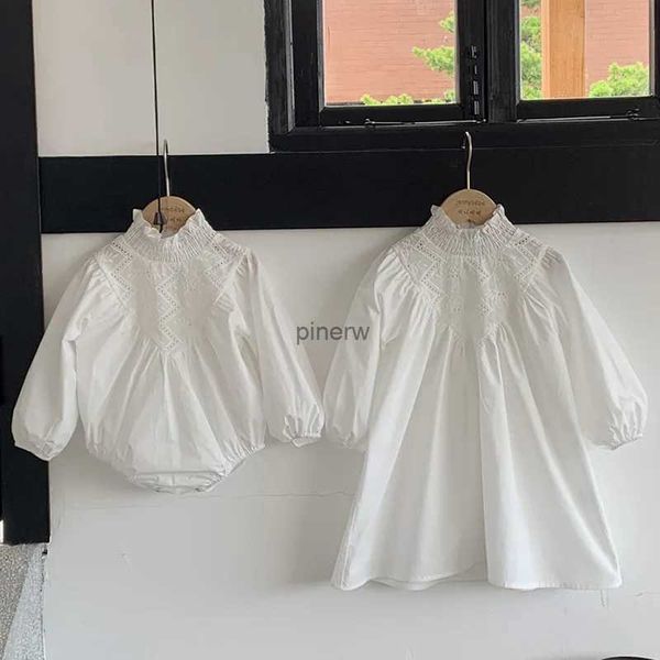 Robes de fille coréenne printemps automne enfants princesse robe bébé fille barboteuses à manches longues dentelle broderie coton robe famille soeurs vêtements 0-6 ans