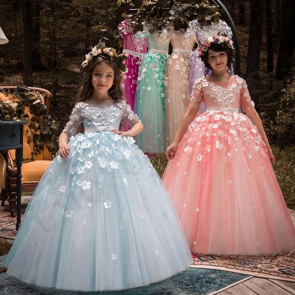 Robes de fille bleu clair princesse Aline robe de fille de fleur blanche cristaux d'anniversaire Costumes de fête de mariage première Communion goutte