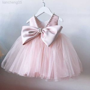 Vestidos de niña Vestido rosa claro para niña con cuentas y lazo grande Princesa para niños Vestidos de cumpleaños Niños V Sin respaldo Ropa de boda hinchada W0224