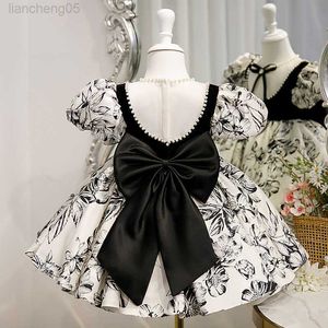 Robes de fille petite fille robes de soirée de luxe fête d'anniversaire robe de bal fleur enfant nœud imprimé robe princesse élégante enfants 2 6 8 10 14 ans W0224