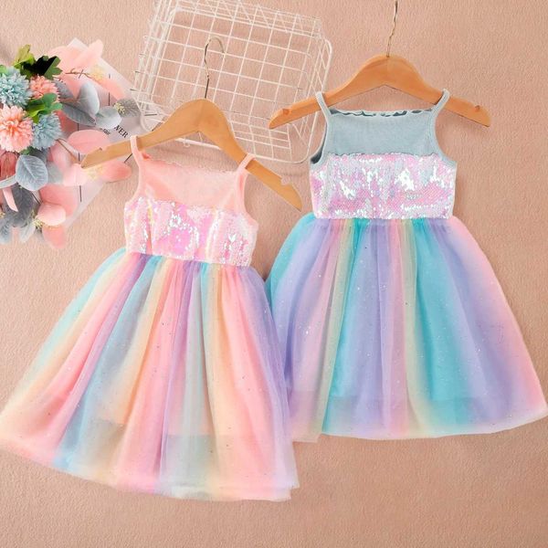 Robes de fille Petites filles Robe d'été pour enfants Rainbow Mesh Robe Sling Tutu Princesse Anniversaire Enfants Vêtements Fille Casual DressL2402