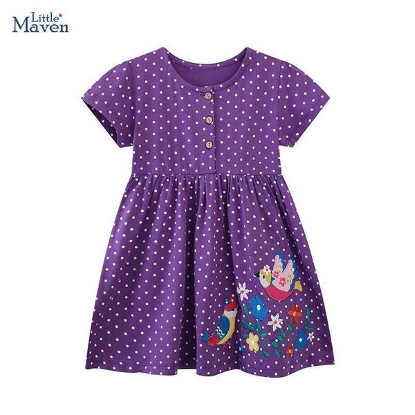 Robes de fille Little Maven 2024 Robe d'été Baby Girls Vêtements Cartoon Broidered Fleur et Robe d'oiseau Childrens Vêtements Cottonl2405