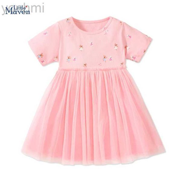 Robes de fille Little Maven 2024 Été Princesse Kids Vêtements Enfants roses S Vêtements Baby Girls Coton Cartoon Infant Mesh Robes Vestidos D240419