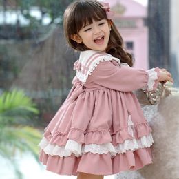 Meisjesjurken Lolita -jurk FLUNCING BUW TIE TRIP Japanse Harajuku lange mouwen poppen Tiener jurk baby Fairy Sweet Girl Kids Vestidos 230413