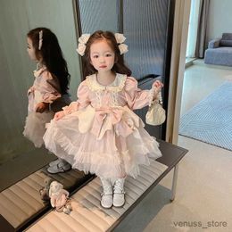 Vestidos de niña Lolita Primavera Otoño Ropa para niñas 2023 Nuevos niños Princesa Manga larga Vestido rosa Arco Puffy Moda Vestidos de tul para niños