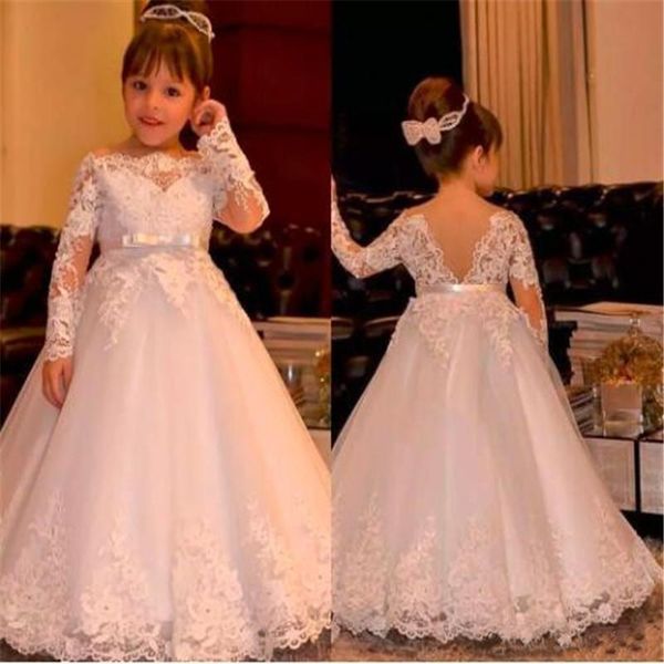 Robes de fille robe à manches longues princesse fleur filles appliques avec perlé superbe robe de première communion blanc IvoryGirl's