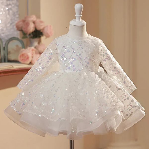 Vestidos de niña Manga larga Blanco Niño niña Fiesta Lentejuelas para boda Niños Vestidos de noche de fiesta formales Disfraz de Eid para niños Vestido de princesa 231213