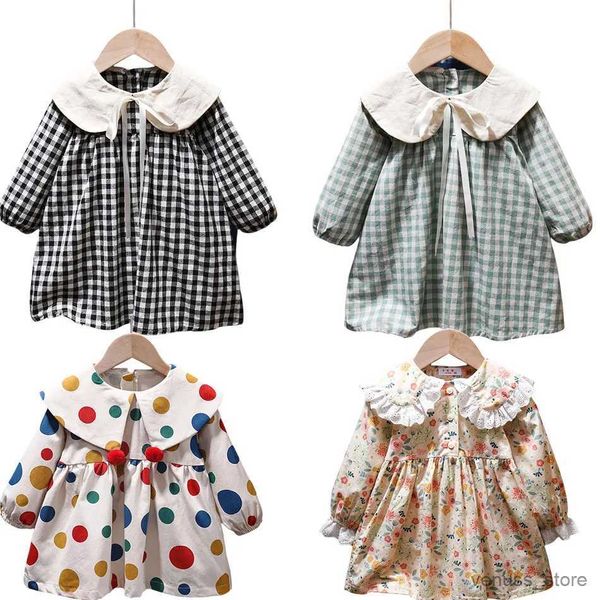 Vestidos de niña Precioso vestido a cuadros para niñas Peter Pan Collar Primavera Verano Punto Casual Vestido Niño Floral con volantes Robe Vestido de niña