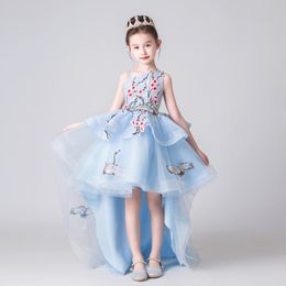 Vestidos de niña Vestido de niña de flores bordado de lujo para boda Hi-low cola larga azul Junior Girls Formal Princess Pageant GownsGirl