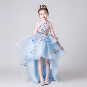 Robes de fille de luxe broderie fleur fille robe pour mariage salut-bas longue queue bleu junior filles formelle princesse pageant robesgirl's