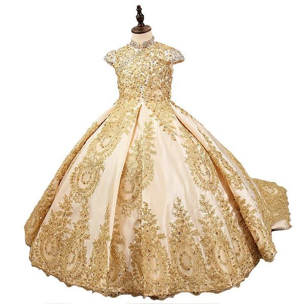 Robes de fille Robe de demoiselle d'honneur de luxe avec perles en cristal pour mariage Robes de bal scintillantes dorées Train Petites filles sur mesure LongoGirl's