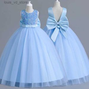 Girl's jurken luxe meisje blauwe lovertjesjurk 5-14t kinderen formele optocht gala prom jurk bruidsmeisje meisje bruiloft kostuum afstuderen kleding t240415