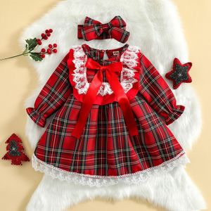 Meisjesjurken ma baby 6m4y peuter kind meisjes kerstjurk plaid kanten tutu met lange mouwen tutu feest voor kerstkostuums d01 230214