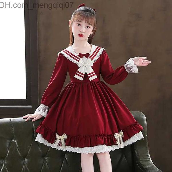 Vestidos de niña Trajes de baño para hombres Europa 2023 Invierno y otoño Ropa para niñas Vintage Juvenil Marinero Encaje Cuello Arco Uniformes Vestido de princesa para niños 7 8 9 10 12 Z230803