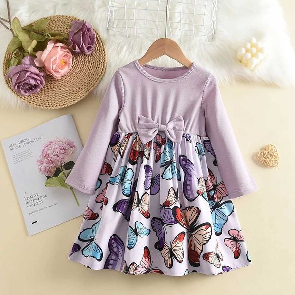 Vestidos de niña Menoea Bowknot acanalado Vestidos de niña con estampado de mariposa púrpura Vestido de manga larga Vestidos de flores para niña Bodas Ropa para niños Vestidos