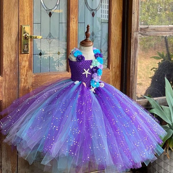 Girl S Dresses Mermaid Tutu Dress Purple Flower Cosplay Cumpleaños Caderas de fiesta con temas de océano Turquesa 230815