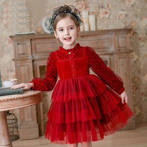 Robes de fille moderne à manches longues velours filles rouge performance tenue de Noël tissu fête de mariage enfants pour 4 7 9 12 14 ans 220927