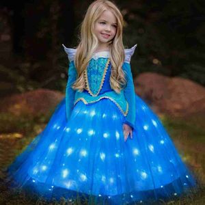 Robes pour filles Personnage de film Come Princess LED Light Up Blue Dress Glamour Girl Cosplay Carnaval Cadeau d'anniversaire Robe de soirée Robes de soirée W0224